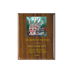 A photo of a Walnut Piano Finish plaque with a full-coloured plate on the top-half and laser engraving on the bottom-half.
