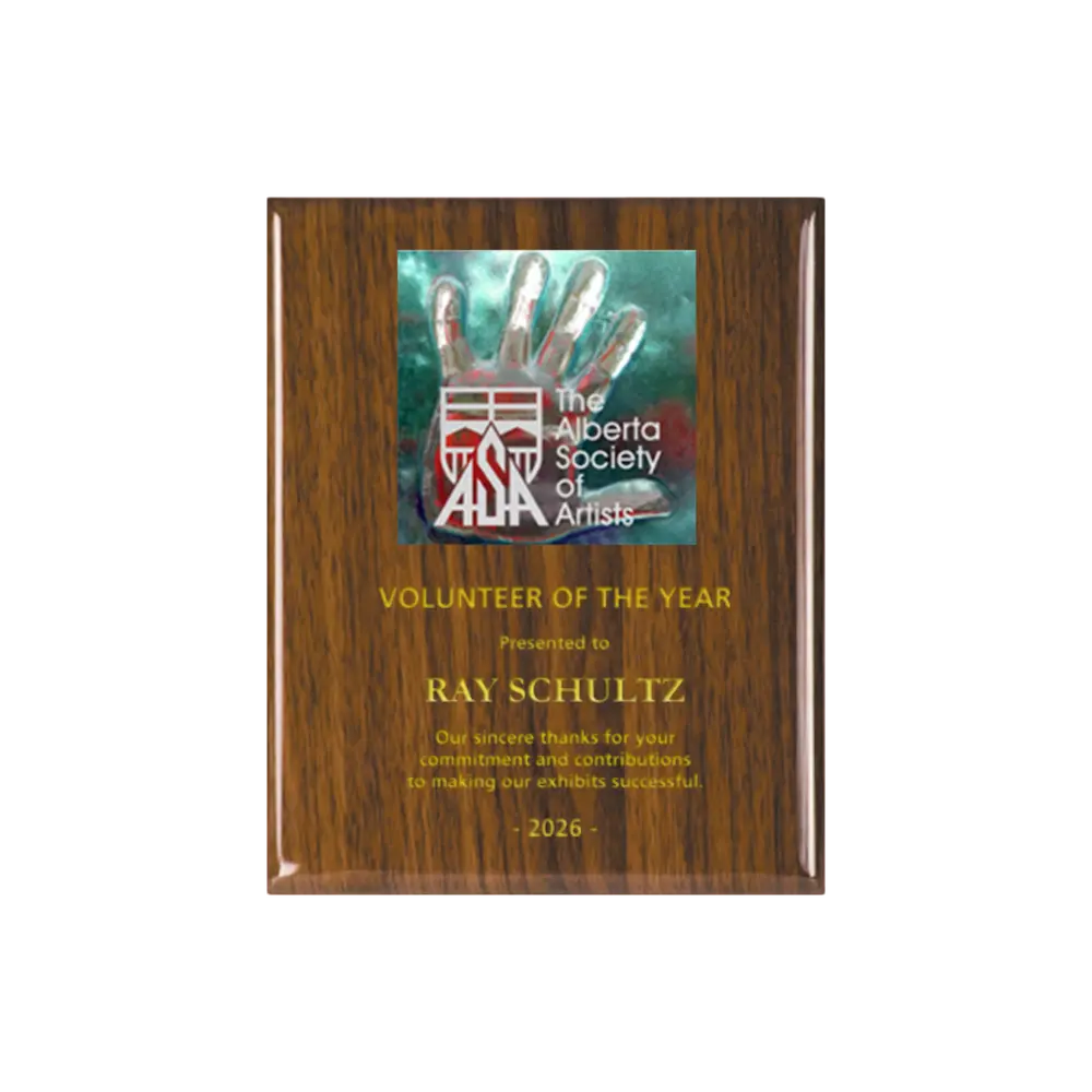 A photo of a Walnut Piano Finish plaque with a full-coloured plate on the top-half and laser engraving on the bottom-half.
