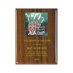 A photo of a Walnut Piano Finish plaque with a full-coloured plate on the top-half and laser engraving on the bottom-half.