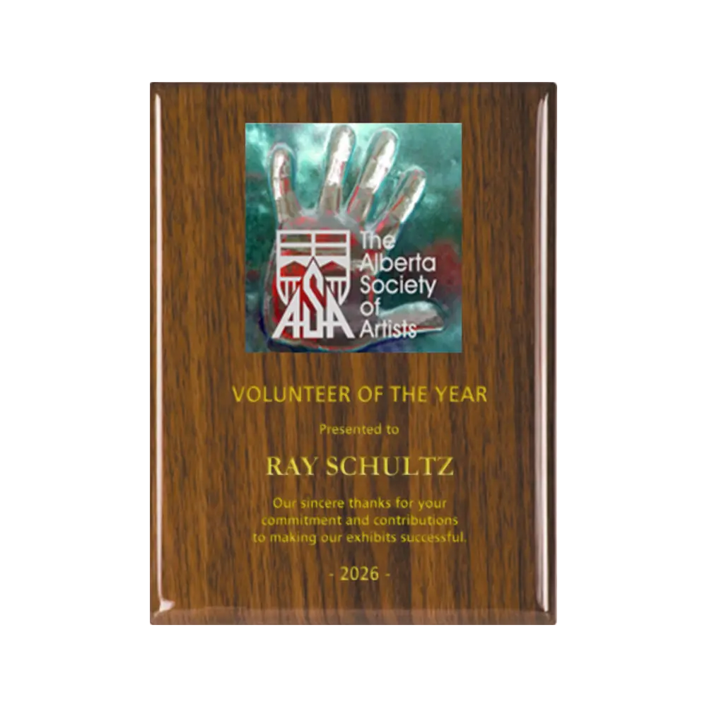 A photo of a Walnut Piano Finish plaque with a full-coloured plate on the top-half and laser engraving on the bottom-half.