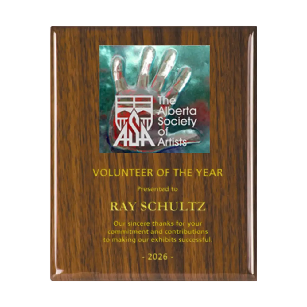 A photo of a Walnut Piano Finish plaque with a full-coloured plate on the top-half and laser engraving on the bottom-half.