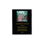 A photo of a Black Piano Finish plaque with a full-coloured plate on the top-half and laser engraving on the bottom-half.
