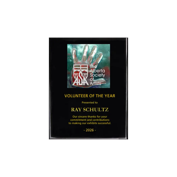A photo of a Black Piano Finish plaque with a full-coloured plate on the top-half and laser engraving on the bottom-half.