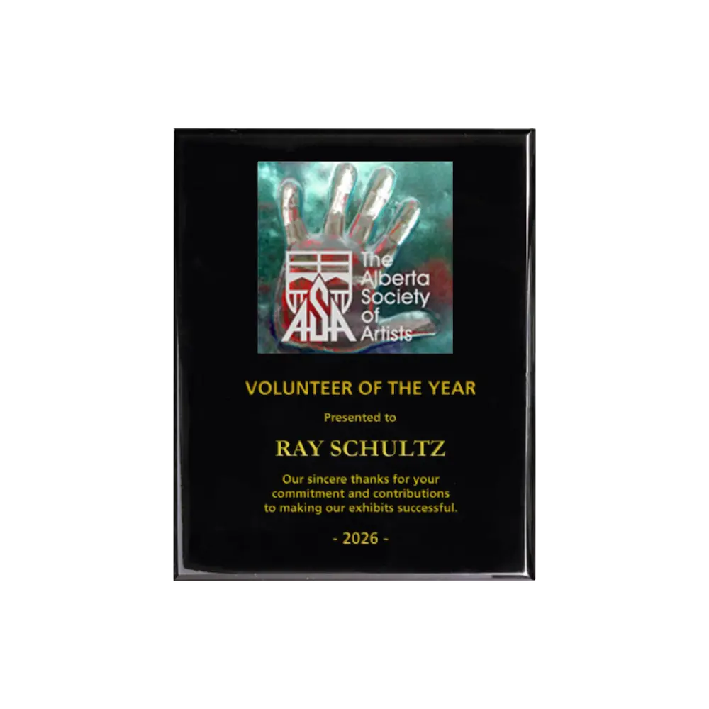 A photo of a Black Piano Finish plaque with a full-coloured plate on the top-half and laser engraving on the bottom-half.
