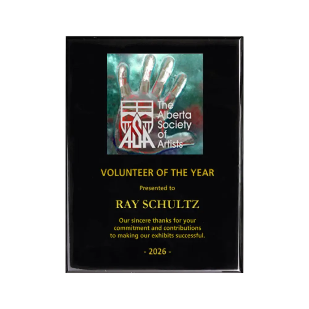 A photo of a Black Piano Finish plaque with a full-coloured plate on the top-half and laser engraving on the bottom-half.