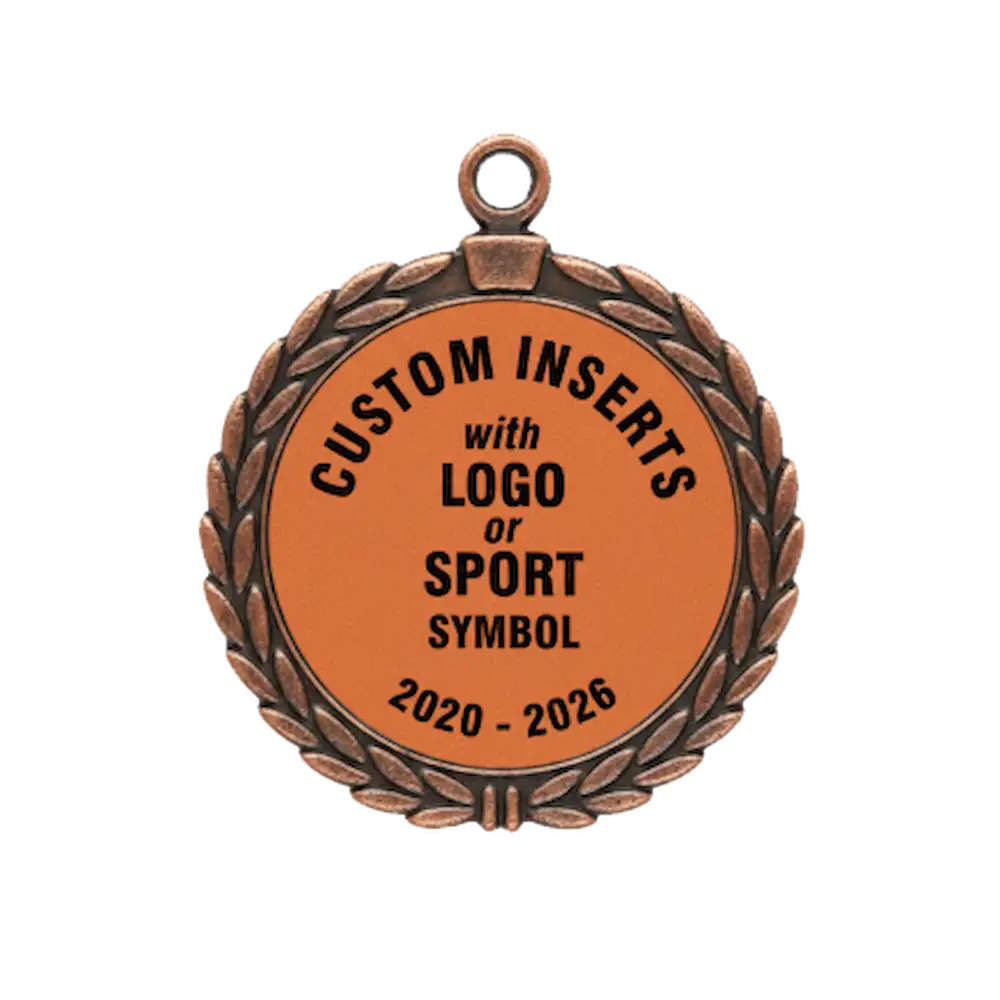 A product photo of a 2.75" antique finish full wreath Bronze specialty medallion with a debossed centre for dtf printing