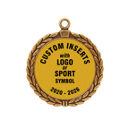 A product photo of a 2.75" antique finish full wreath Gold specialty medallion with a debossed centre for dtf printing