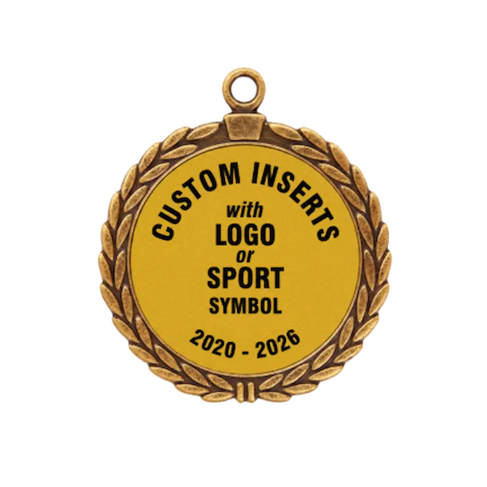 A product photo of a 2.75" antique finish full wreath Gold specialty medallion with a debossed centre for dtf printing