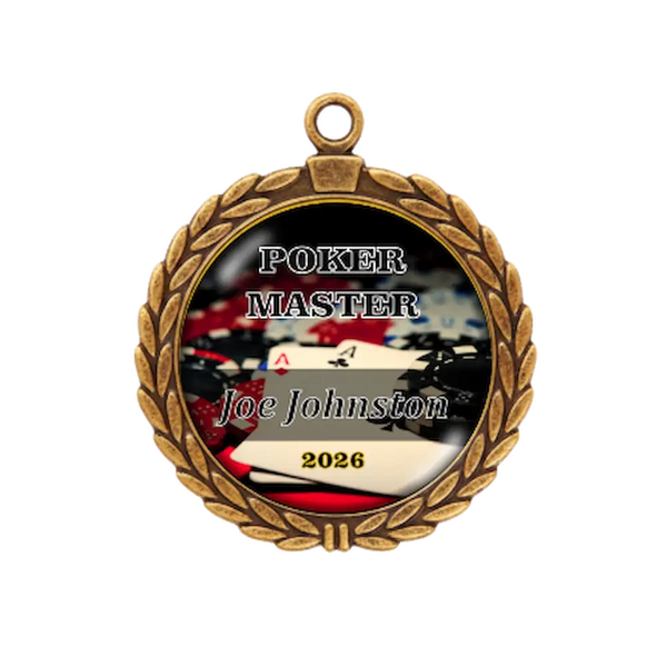 A product photo of a 2.75" dtf specialty medallion in Bronze color featuring a Poker event.