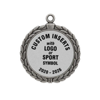 A product photo of a 2.75" antique finish full wreath Silver specialty medallion with a debossed centre for dtf printing