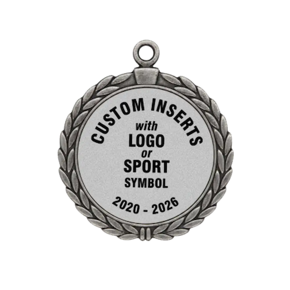 A product photo of a 2.75" antique finish full wreath Silver specialty medallion with a debossed centre for dtf printing