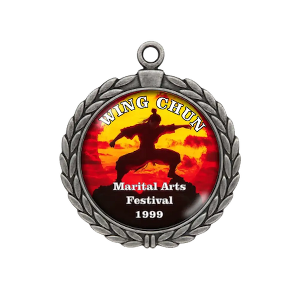 A product photo of a 2.75" dtf specialty medallion in Silver color featuring a martial arts event.