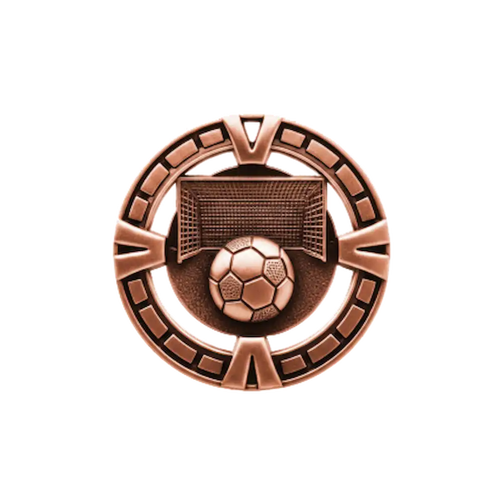 A product photo of Bronze Varsity Soccer medallion.