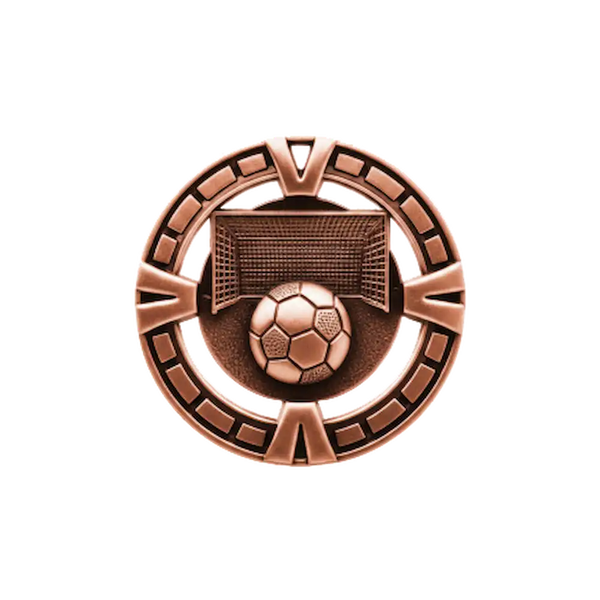 A product photo of Bronze Varsity Soccer medallion.