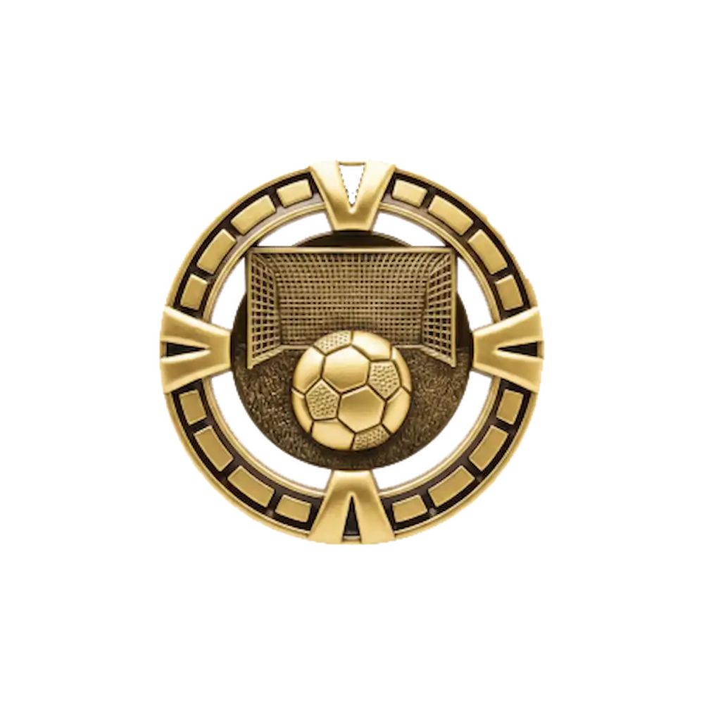 A product photo of Gold Varsity Soccer medallion.