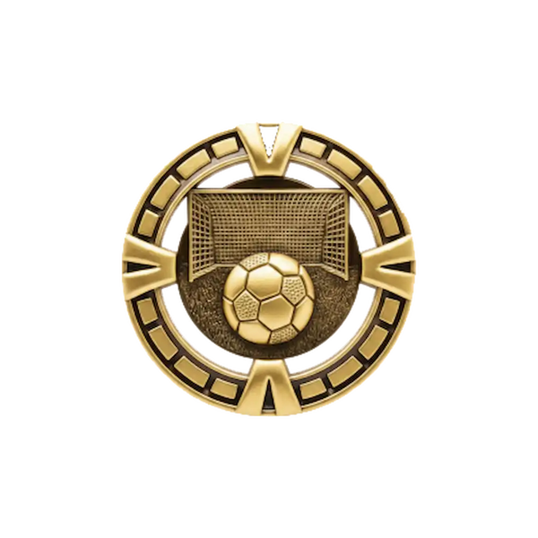A product photo of Gold Varsity Soccer medallion.