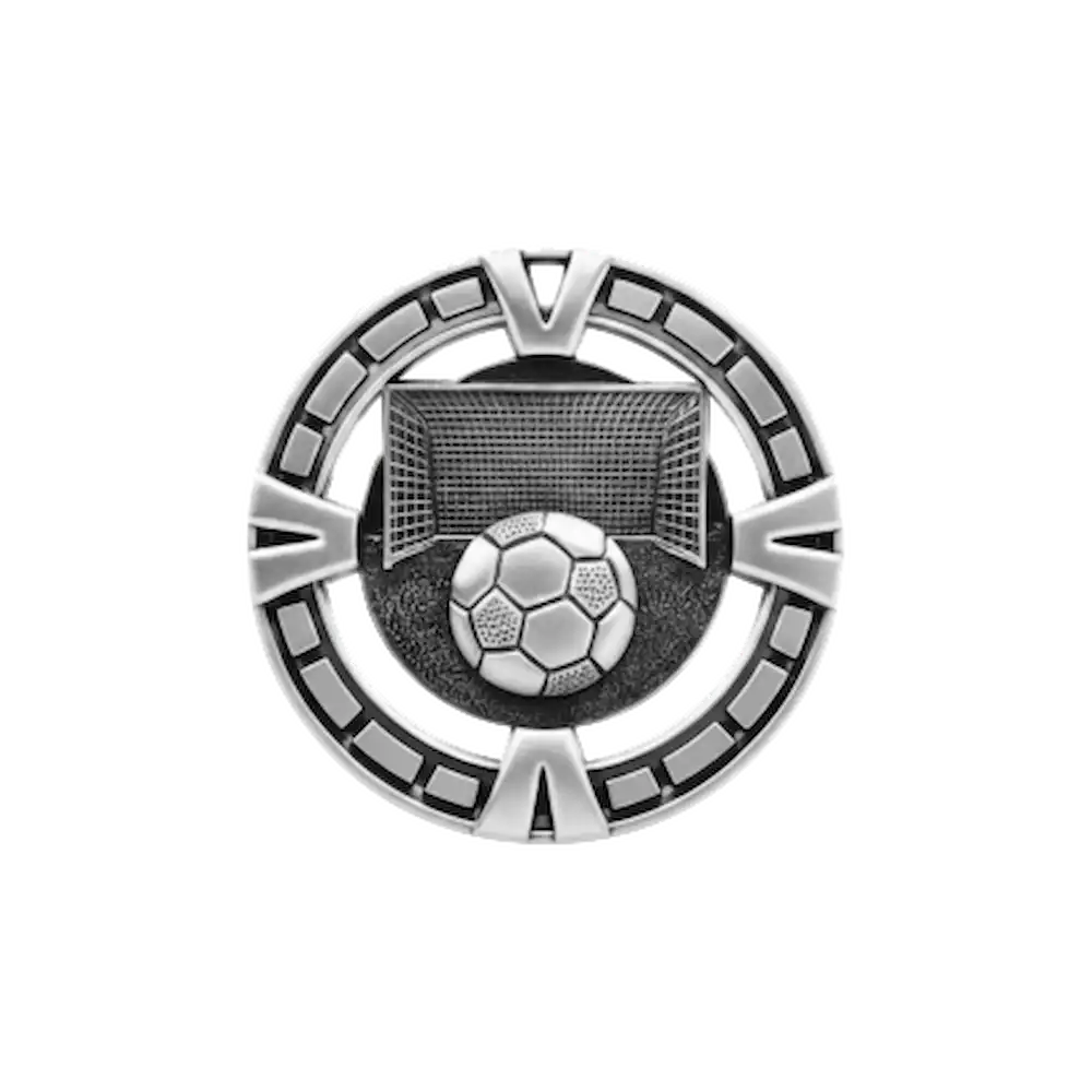 A product photo of Silver Varsity Soccer medallion.