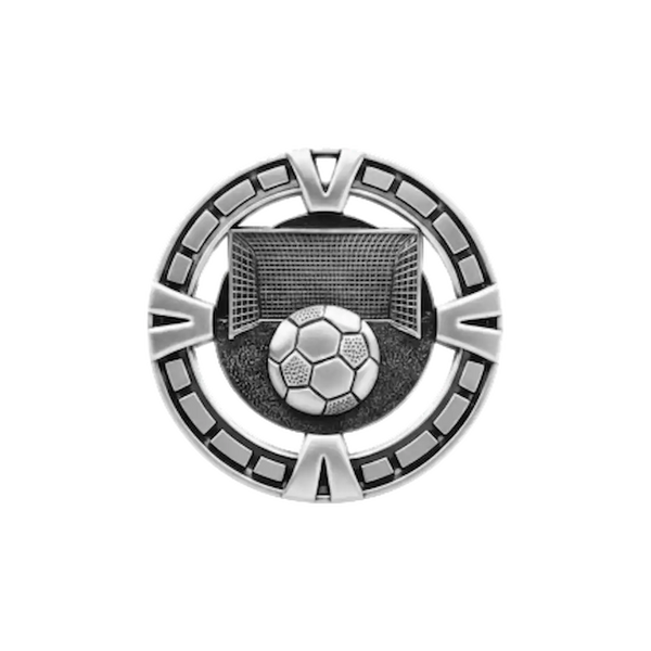 A product photo of Silver Varsity Soccer medallion.