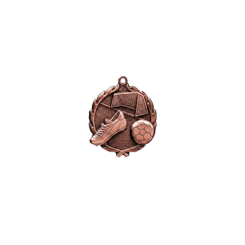 A product photo of small sculptured Bronze Soccer medallion.
