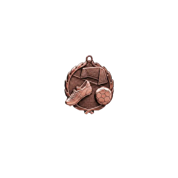 A product photo of small sculptured Bronze Soccer medallion.