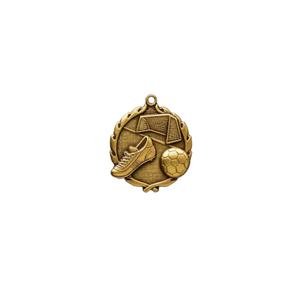 A product photo of small sculptured Gold Soccer medallion.