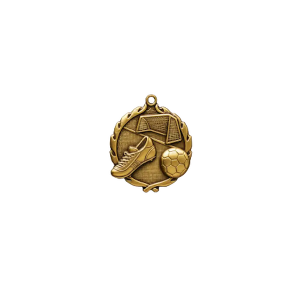 A product photo of small sculptured Gold Soccer medallion.