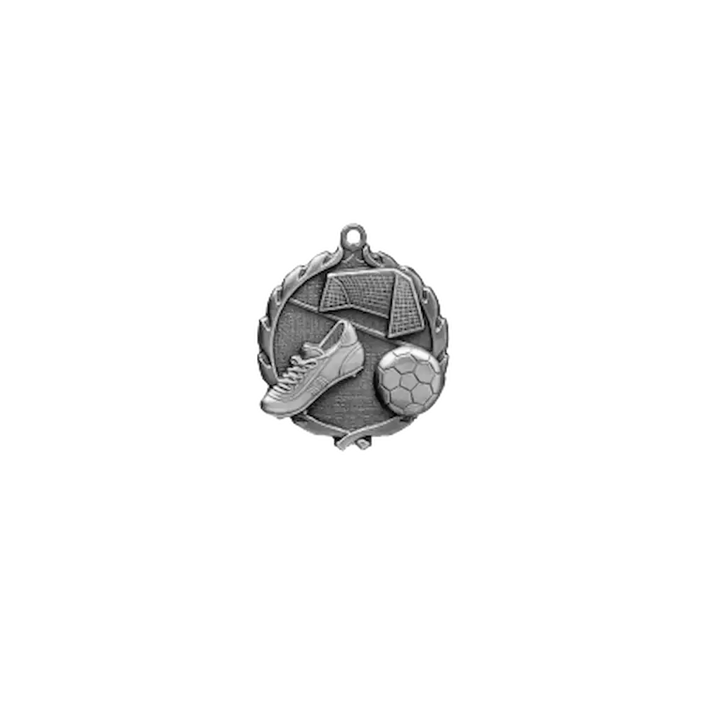 A product photo of small sculptured Silver Soccer medallion.