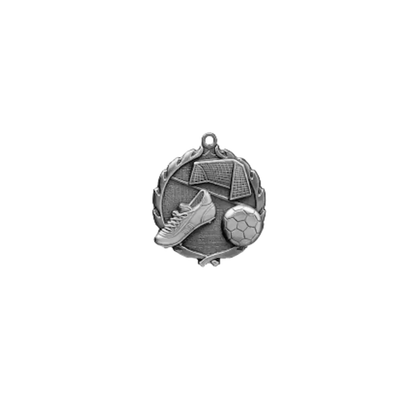 A product photo of small sculptured Silver Soccer medallion.