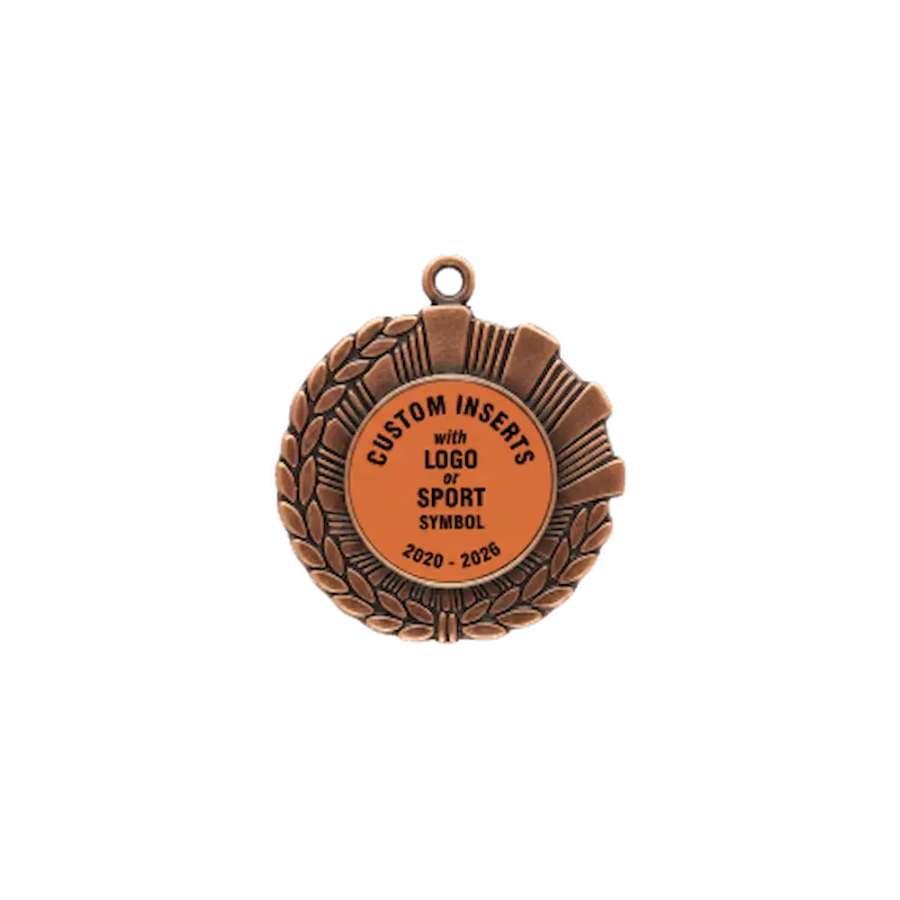 A product photo of a 1.75" half wreath and half rays style Bronze specialty medallion with a debossed centre for dtf printing