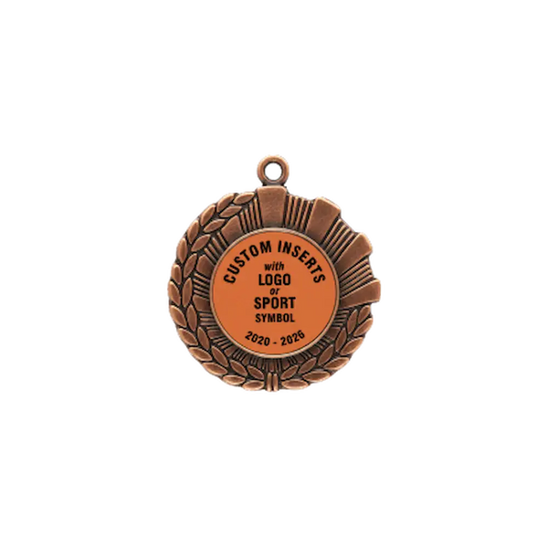 A product photo of a 1.75" half wreath and half rays style Bronze specialty medallion with a debossed centre for dtf printing