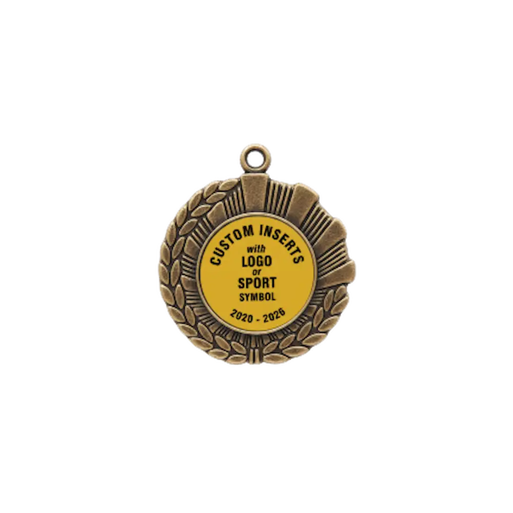 A product photo of a 1.75" half wreath and half rays style Gold specialty medallion with a debossed centre for dtf printing