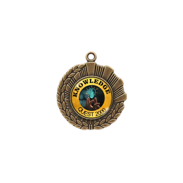A product photo of a 1.75" dtf specialty medallion in Gold color featuring a Knowledge event.