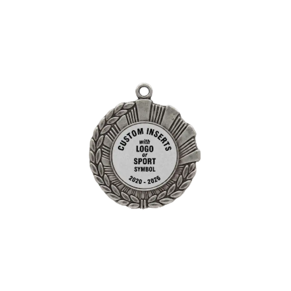 A product photo of a 1.75" half wreath and half rays style Silver specialty medallion with a debossed centre for dtf printing