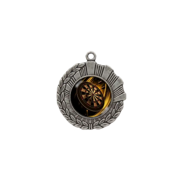 A product photo of a 1.75" dtf specialty medallion in Silver color featuring a Darts event.
