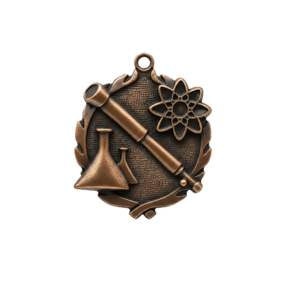 A product photo of big sculptured Bronze Science medallion.