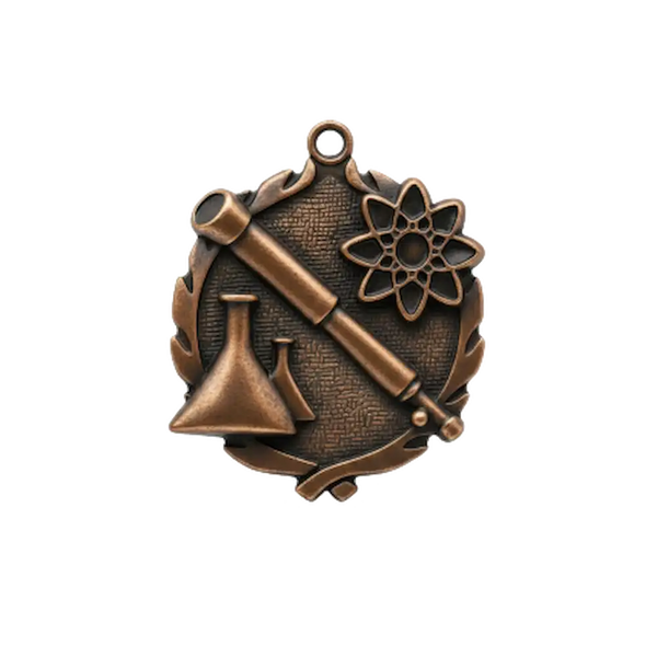 A product photo of big sculptured Bronze Science medallion.