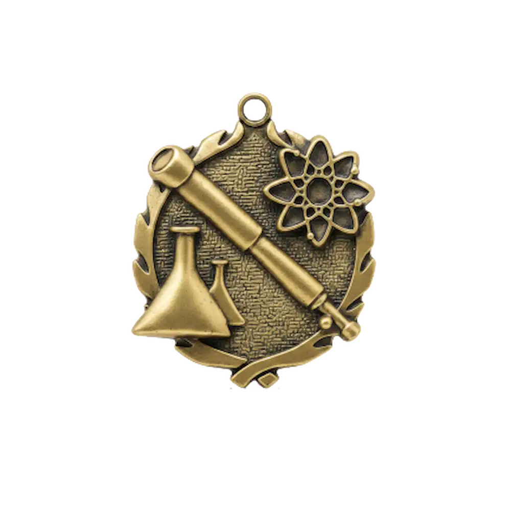 A product photo of big sculptured Gold Science medallion.
