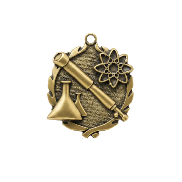 A product photo of big sculptured Gold Science medallion.