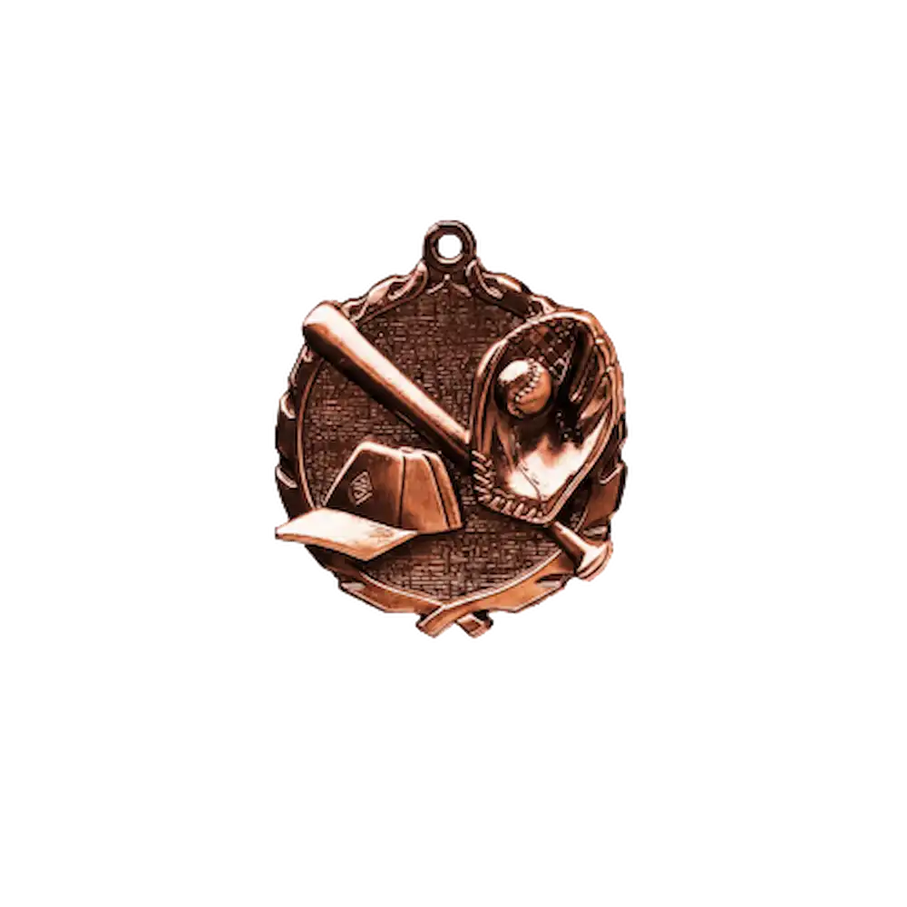 A product photo of small sculptured Bronze Baseball medallion.