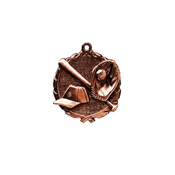 A product photo of small sculptured Bronze Baseball medallion.