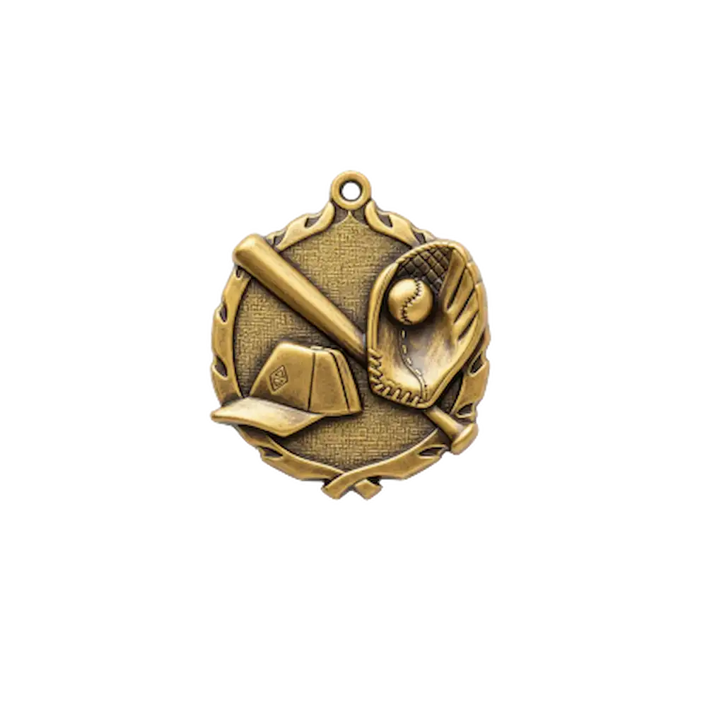 A product photo of small sculptured Gold Baseball medallion.
