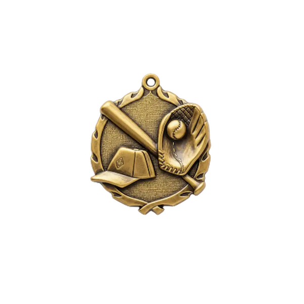 A product photo of small sculptured Gold Baseball medallion.