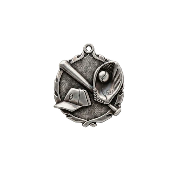 A product photo of small sculptured Silver Baseball medallion.