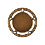 A product photo of a 3" antique finish, 5 diamond-shaped holes, patterned outer circle, Bronze specialty medallion with a debossed centre for dtf printing