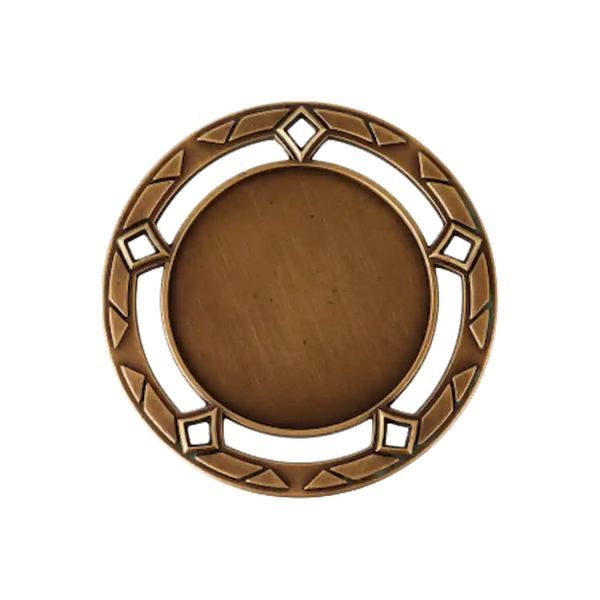 A product photo of a 3" antique finish, 5 diamond-shaped holes, patterned outer circle, Bronze specialty medallion with a debossed centre for dtf printing