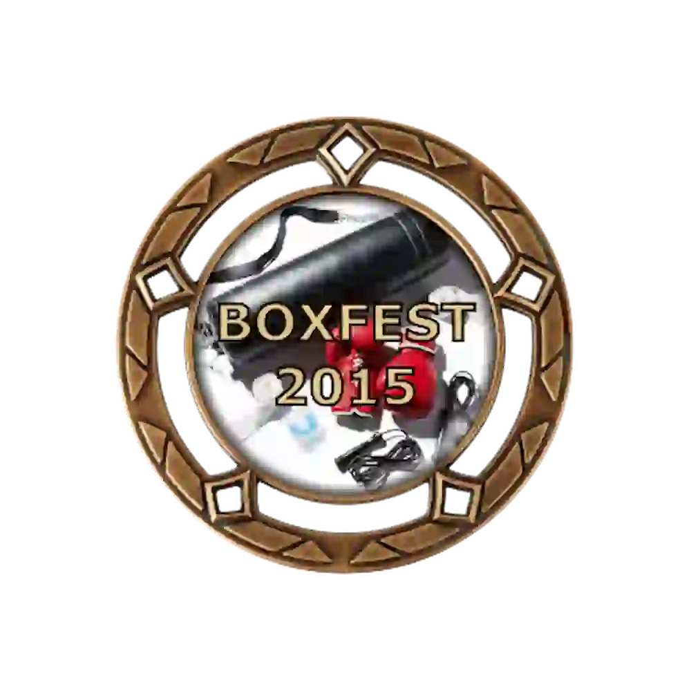 A product photo of a 3" dtf specialty medallion in Bronze color featuring a Boxing event.