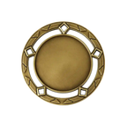 A product photo of a 3" antique finish, 5 diamond-shaped holes, patterned outer circle, Gold specialty medallion with a debossed centre for dtf printing