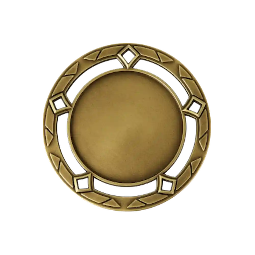 A product photo of a 3" antique finish, 5 diamond-shaped holes, patterned outer circle, Gold specialty medallion with a debossed centre for dtf printing