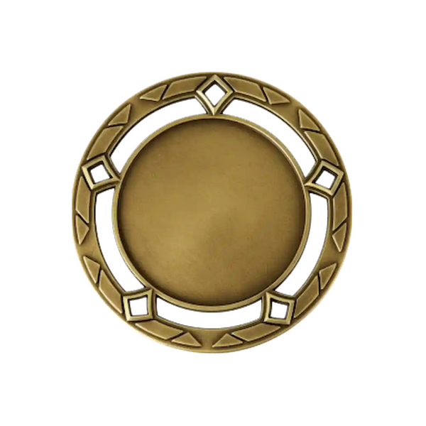 A product photo of a 3" antique finish, 5 diamond-shaped holes, patterned outer circle, Gold specialty medallion with a debossed centre for dtf printing
