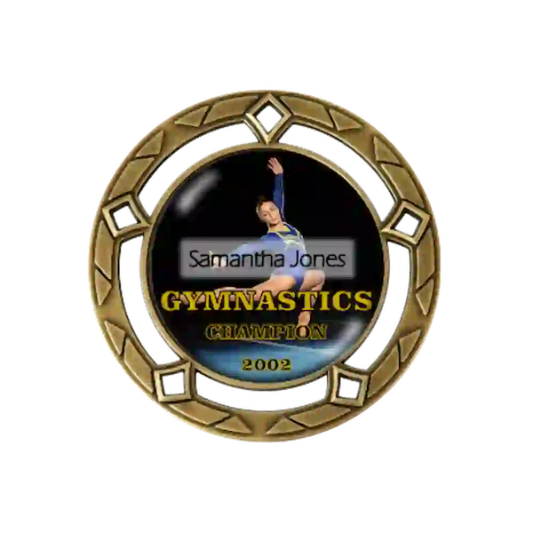 A product photo of a 3" dtf specialty medallion in Gold color featuring a Gymnastics event.